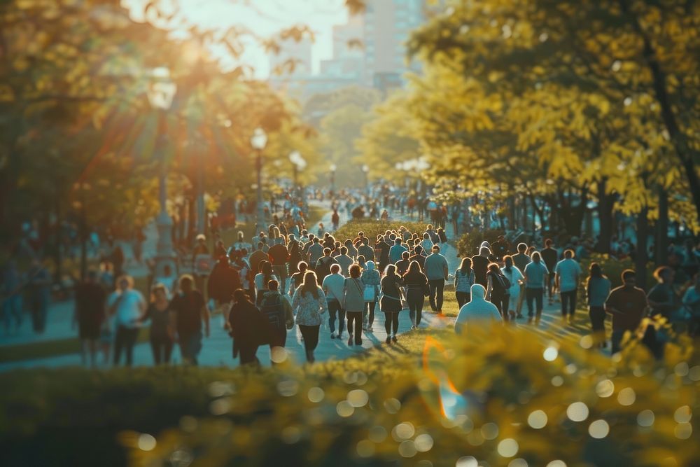 Crowd walking in a beautiful green park autumn city architecture.