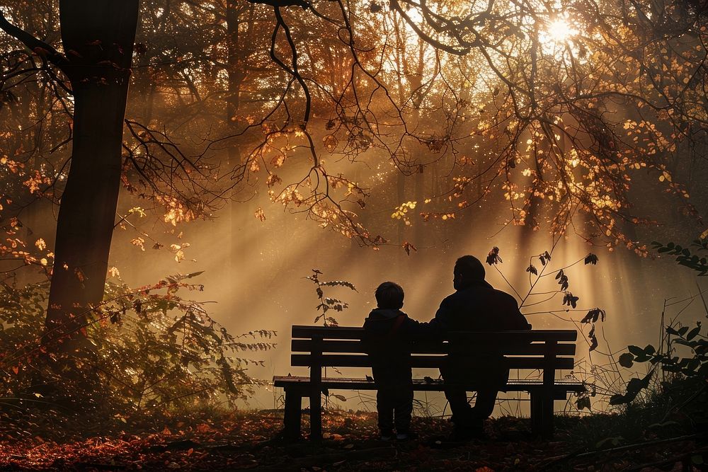 Father and son sitting on a bench sunlight outdoors autumn.