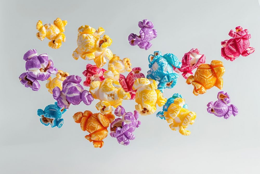Flying multi-color popcorn food white background variation.