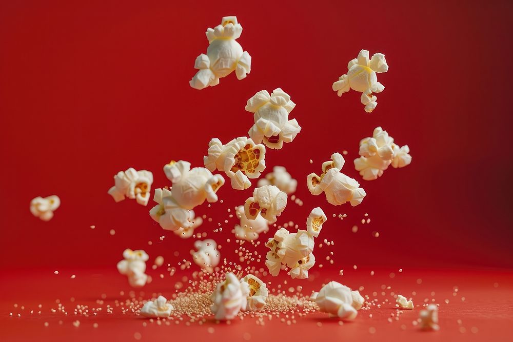Flying popcorn food red red background.