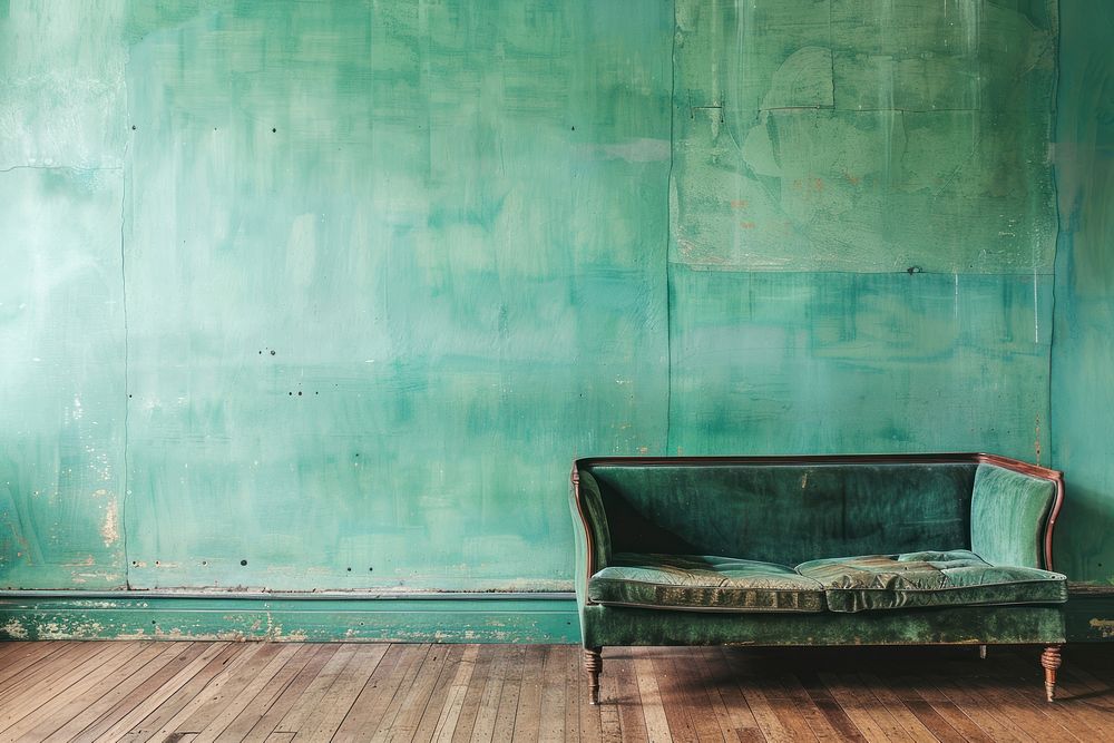 Green mint wall with sofa floor architecture furniture.