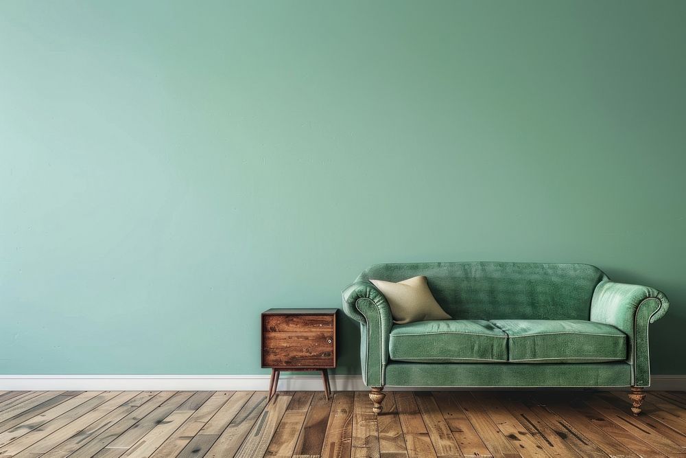 Green mint wall with sofa floor furniture room.