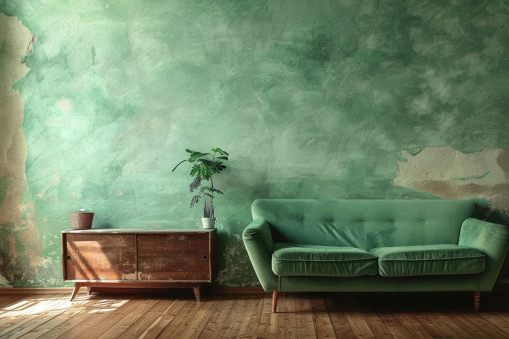 Green mint wall with sofa floor room architecture.