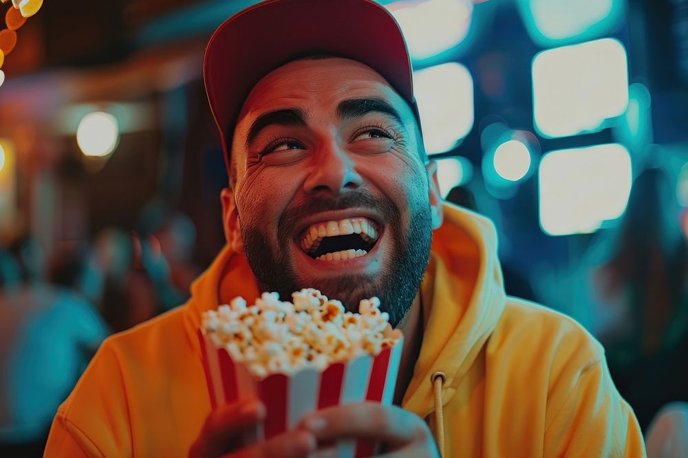 Happy man eating popcorn while watching movie adult happiness enjoyment.