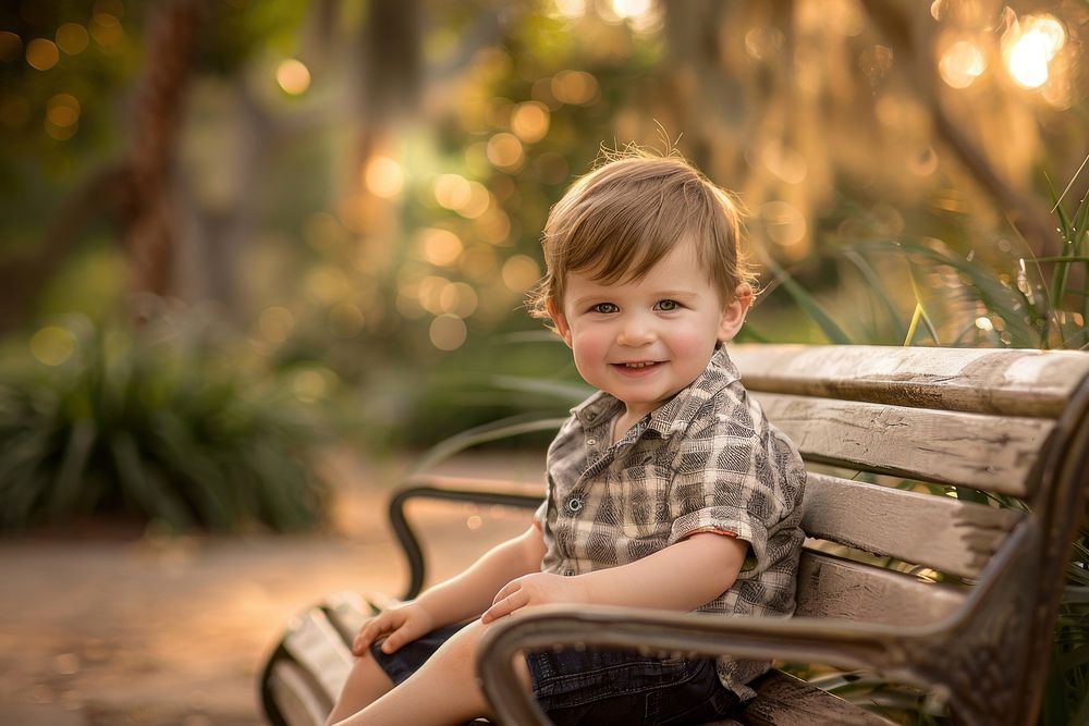Happy boy sitting on a bench furniture portrait child.