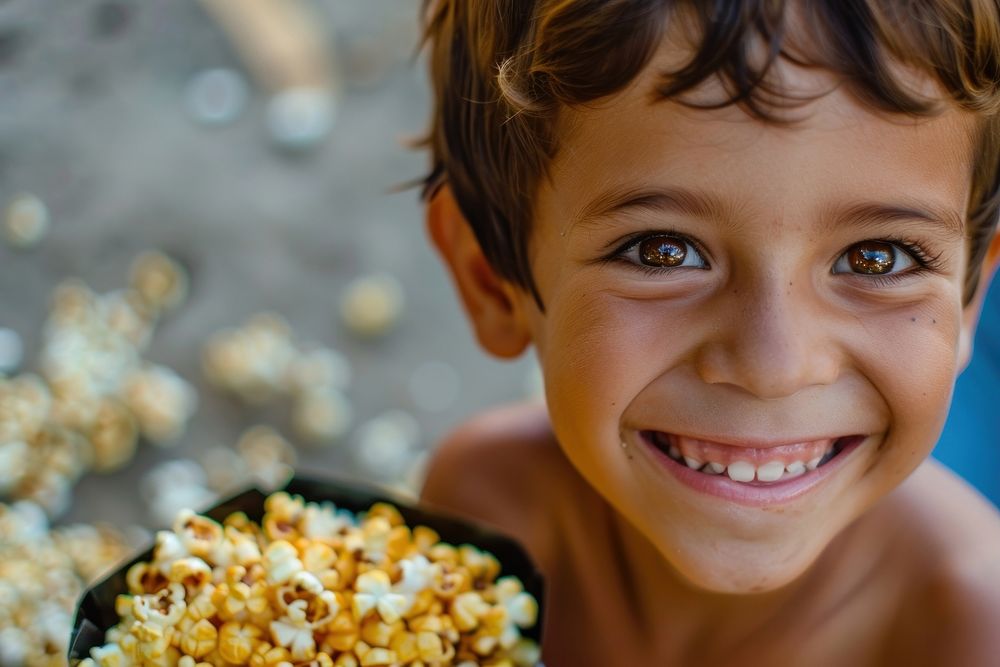 Happy kid eating popcorn child smile snack.