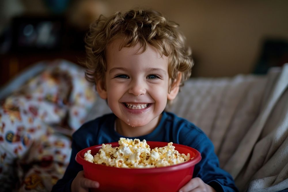 Happy kid eating popcorn snack food bowl.