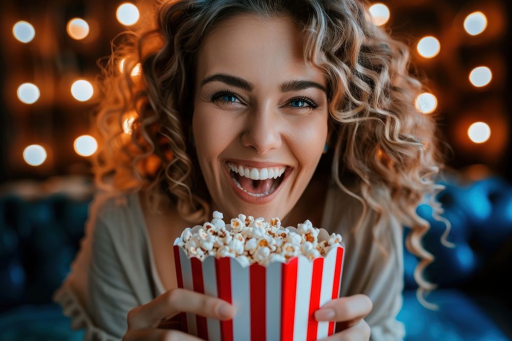 Happy woman eating popcorn while watching movie adult smile food.