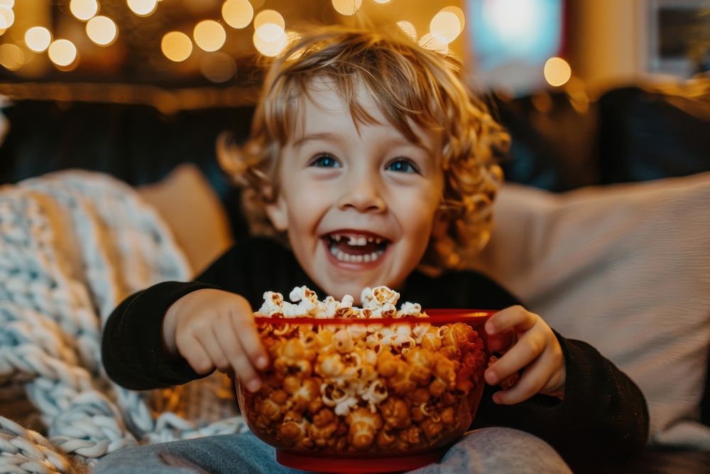 Kid eating popcorn while watching movie portrait snack photo.