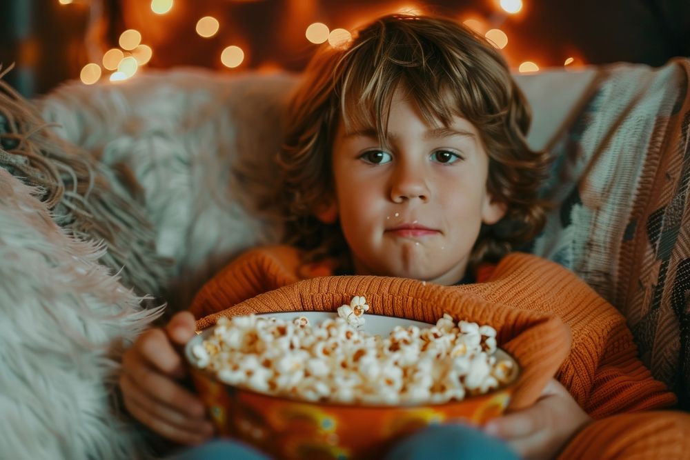 Kid eating popcorn while watching movie food portrait headshot.