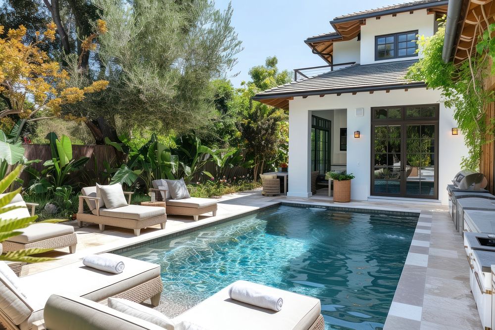 Luxurious backyard oasis furniture architecture outdoors.