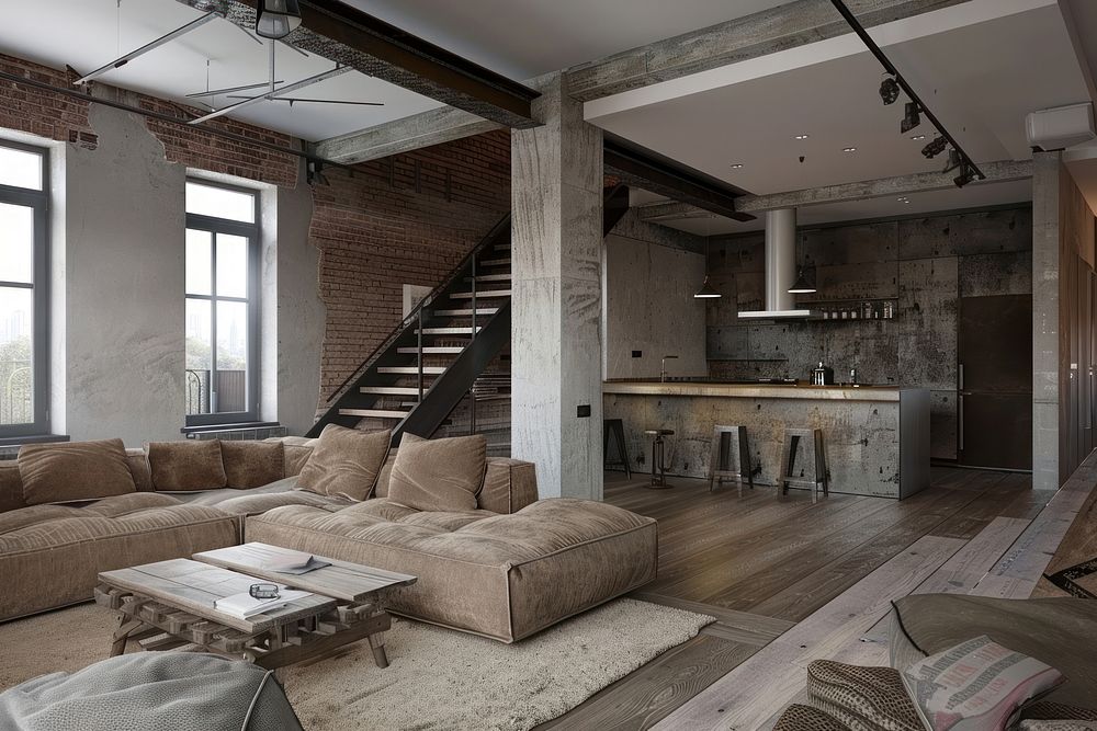 Living room in loft style architecture furniture building.