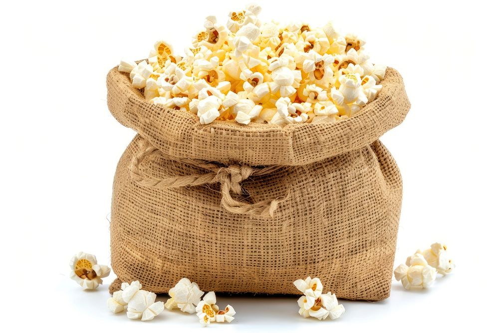 Popcorn in a brown bag snack food white background.