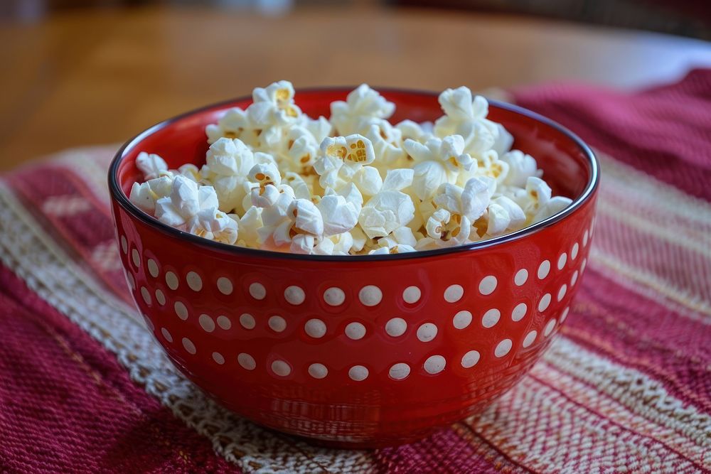 Popcorn in a red bowl snack food breakfast.