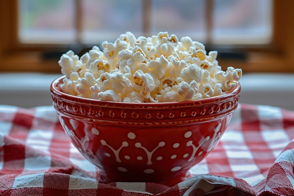 Popcorn in a red bowl snack food freshness.