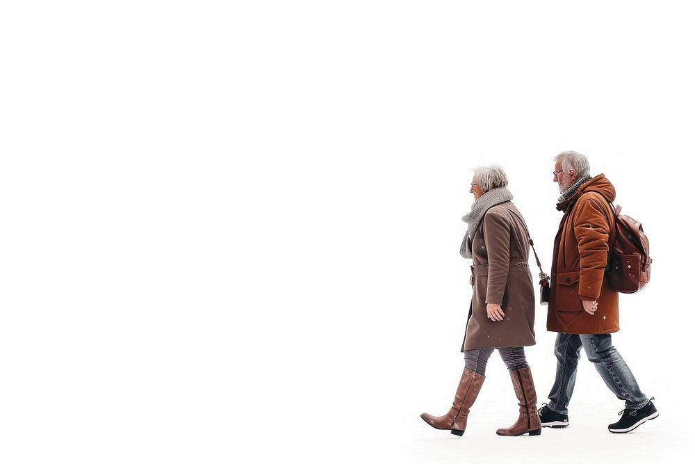 Senior couple walking footwear adult coat.