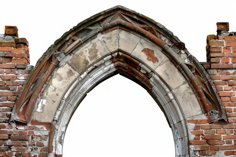 Tudor arch architecture brick white background.