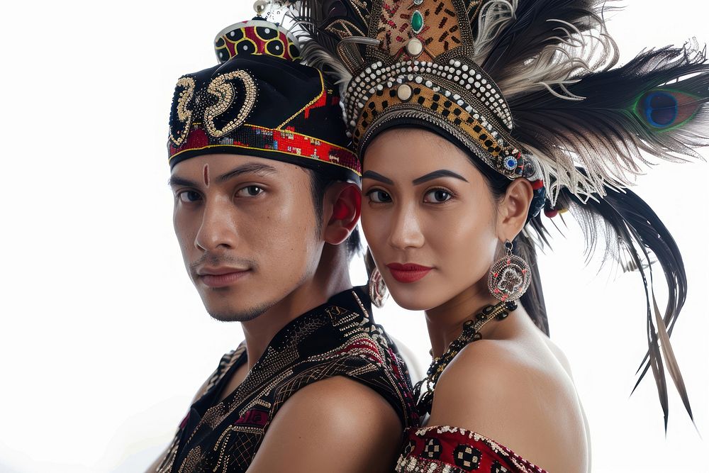 Indonesia woman and man in a traditional costumes jewelry tribe togetherness.
