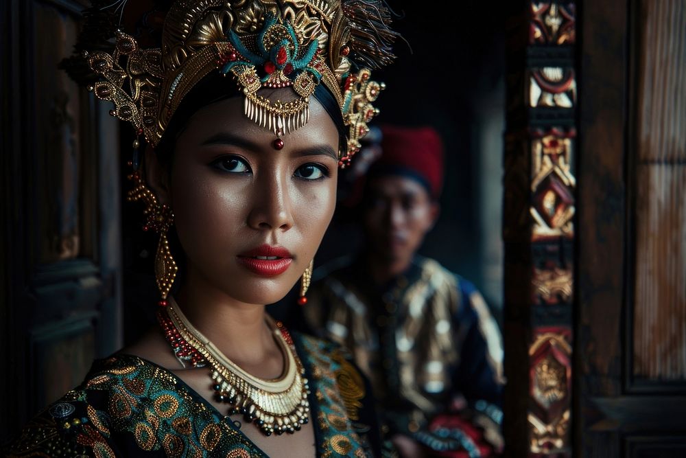 Indonesia woman and man in a traditional costumes jewelry spirituality accessories.