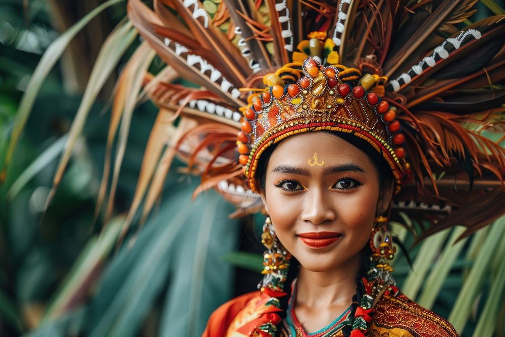 Indonesia woman in a traditional costume tribe celebration headdress.