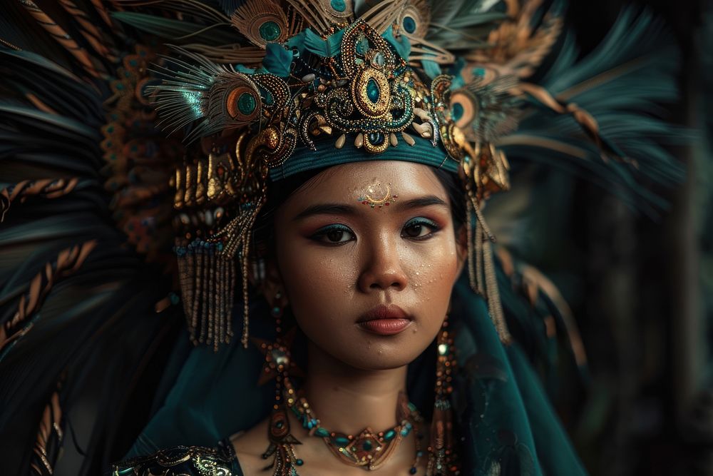Indonesia woman in a traditional costume portrait carnival jewelry.