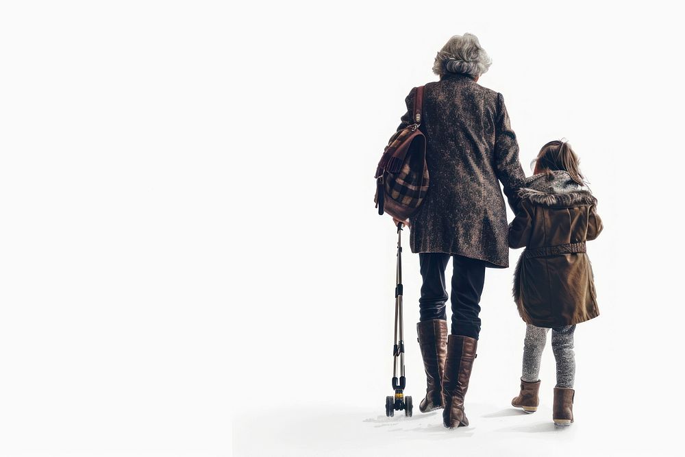 Old lady walking with her niece footwear adult coat.