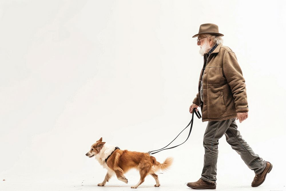 Old man walking a dog mammal animal adult.