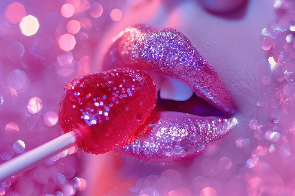 Close up glitter mouth with red lolipop lollipop candy pink.