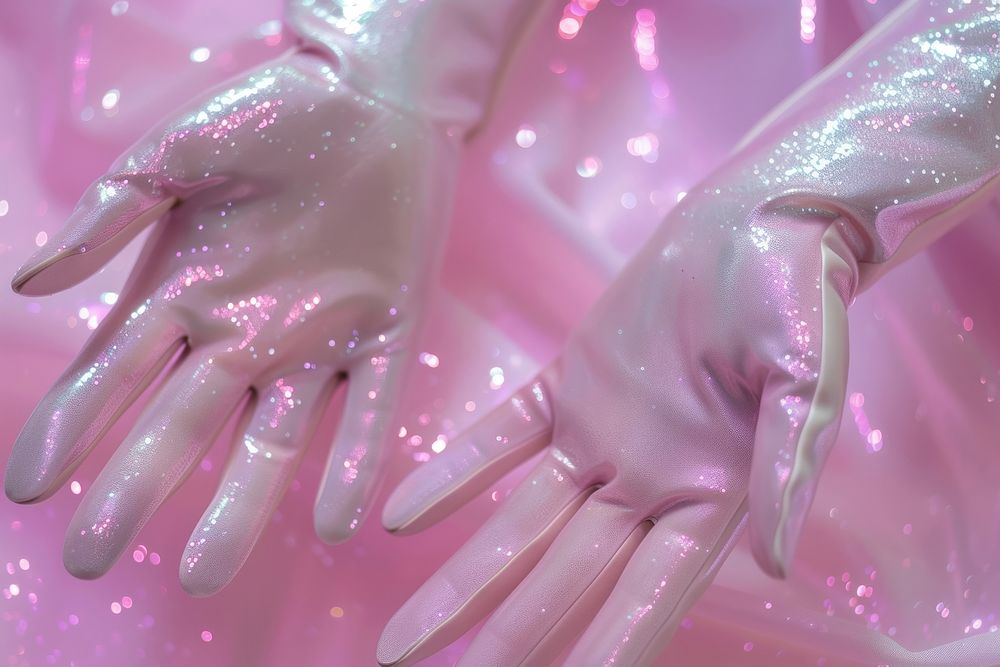 Close up hands with elegant pink long leather gloves glitter clothing pattern.