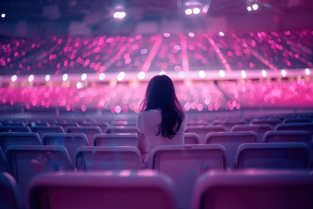 Front view woman sitting alone on seats at empty stadium adult pink illuminated.