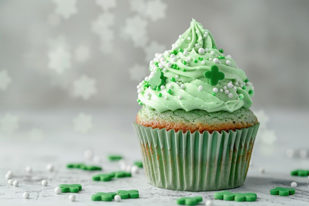 Green cupcake on top sprinkles clover food dessert icing.