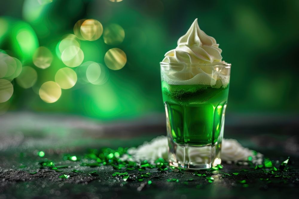 Man drink green jello whip cream on top in a shot glass dessert food refreshment.
