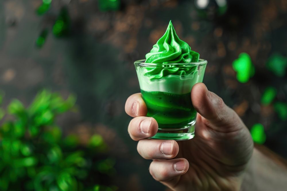 Man drink green jello whip cream on top in a shot glass dessert food refreshment.