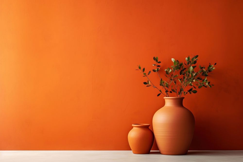 Orange pottery plant wall.
