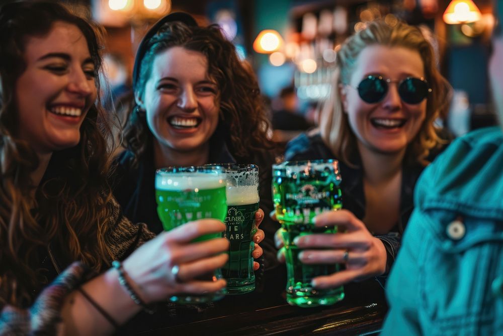 People drinking green beer party adult happy.