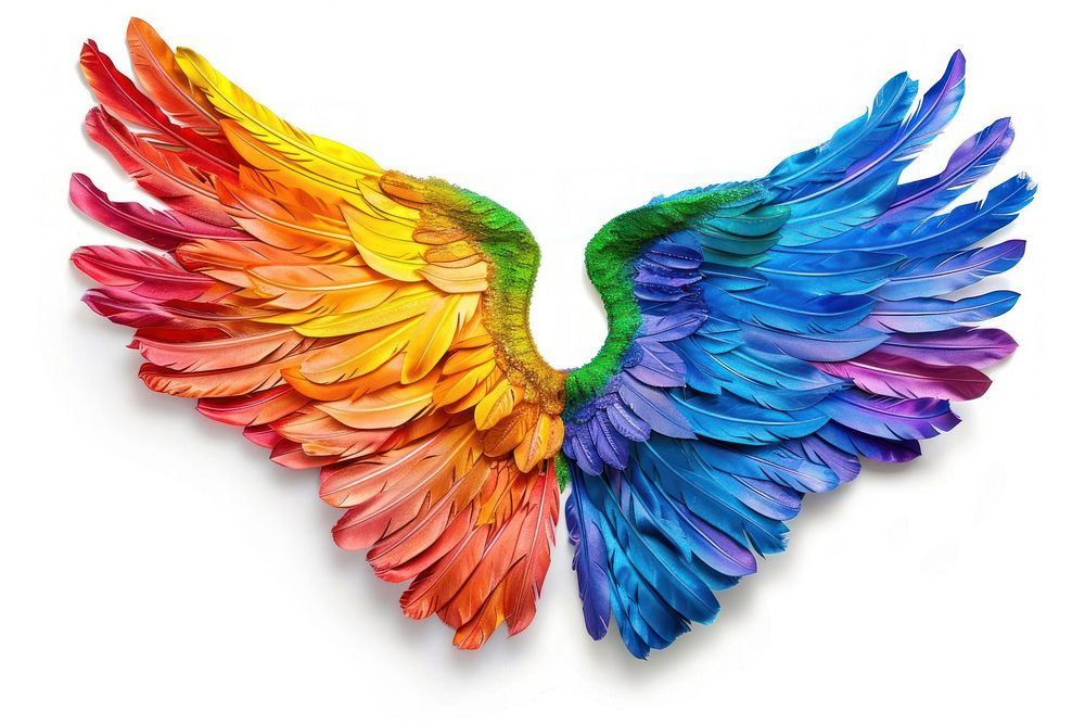 Rainbow angel wings bird art white background.
