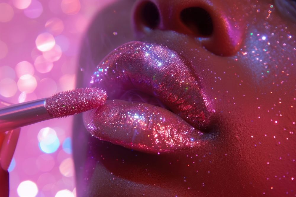 Super close up black woman applying lickstick on her mouth glitter cosmetics purple.