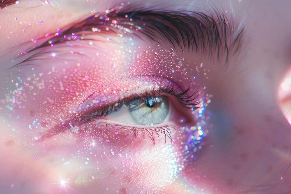 Super close up eye woman glitter cosmetics pink.