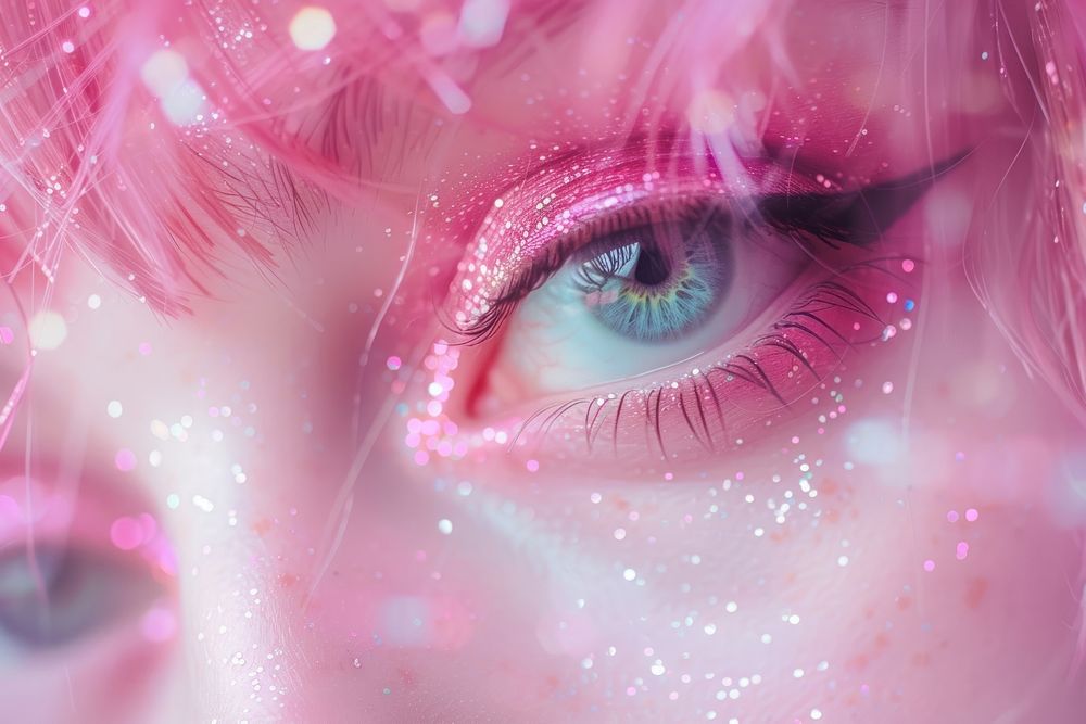 Super close up eye woman with kaleidoscope photo effect glitter pink portrait.