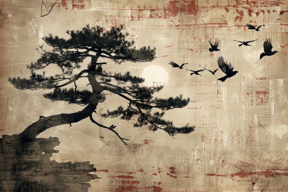 Pine tree bird art backgrounds.