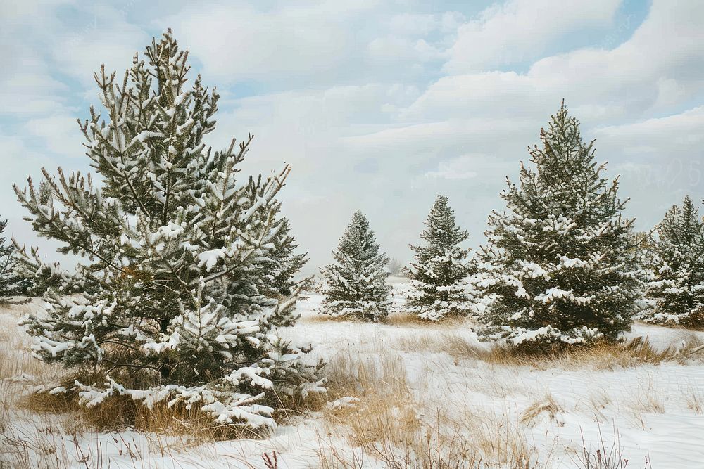 Pine trees snow outdoors nature.