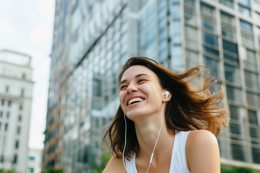Young happy woman listening laughing smile.