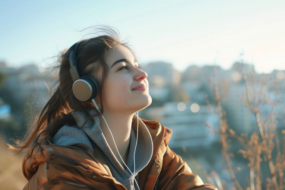Young happy female photography headphones listening.