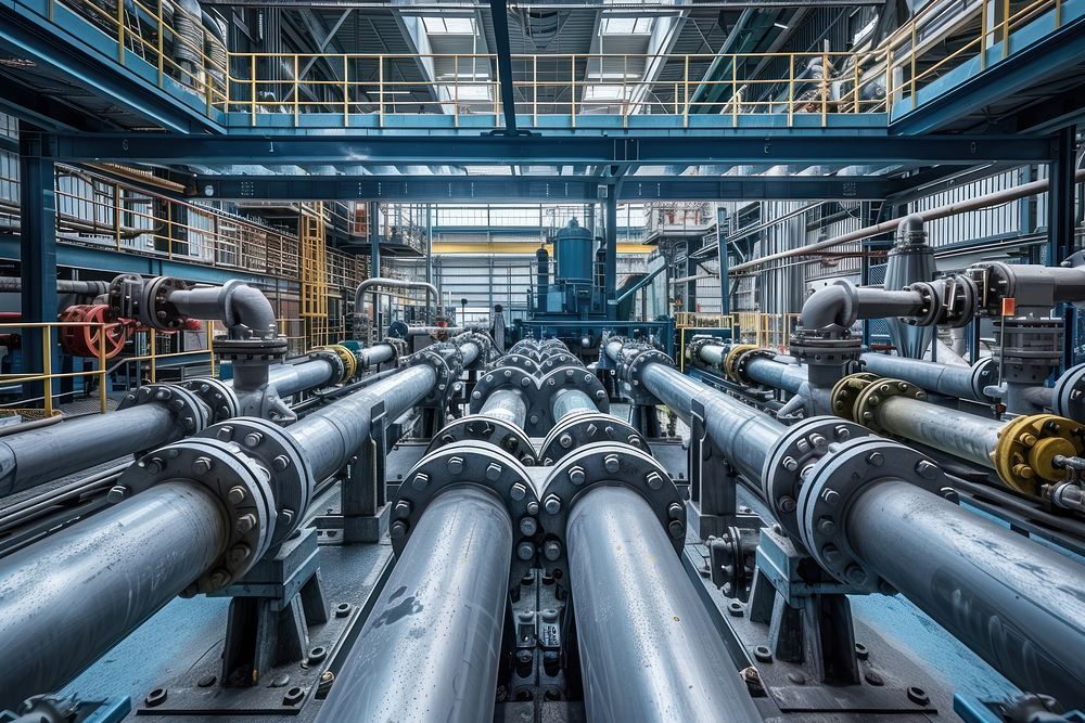 Steel pipelines valves and pumps factory architecture building.