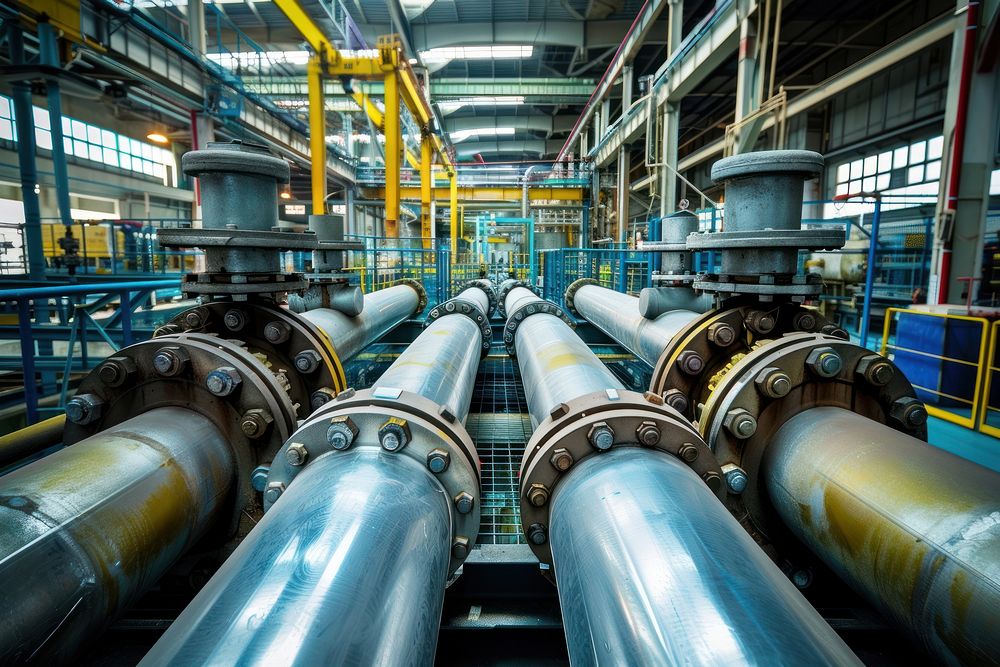 Steel pipelines valves and pumps factory manufacturing architecture.