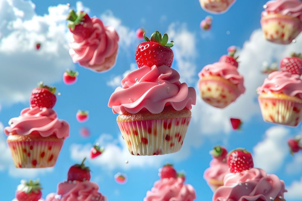 Cake background strawberry cupcake outdoors.