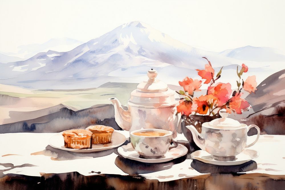 Afternoon tea set cup painting mountain.