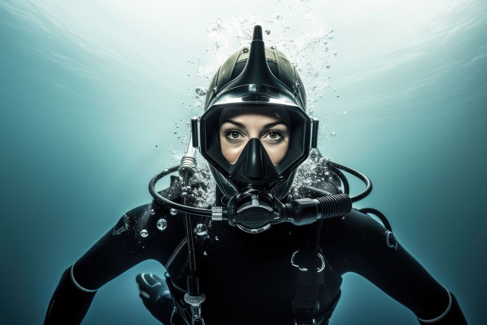 Woman scuba diving and wearing fin adventure outdoors helmet.