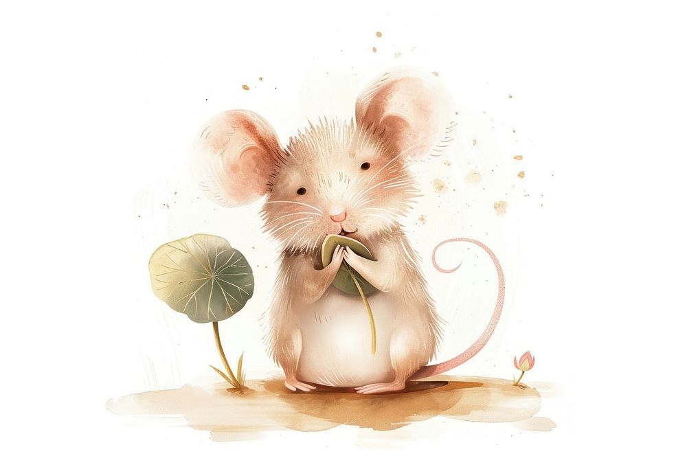 Baby rat holding lotus leaf animal rodent mammal.