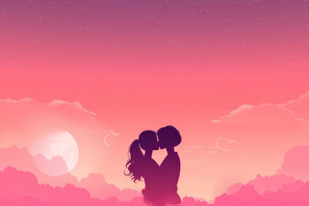 Minimal flat vector of a lesbian couple in gradient background silhouette outdoors romantic.